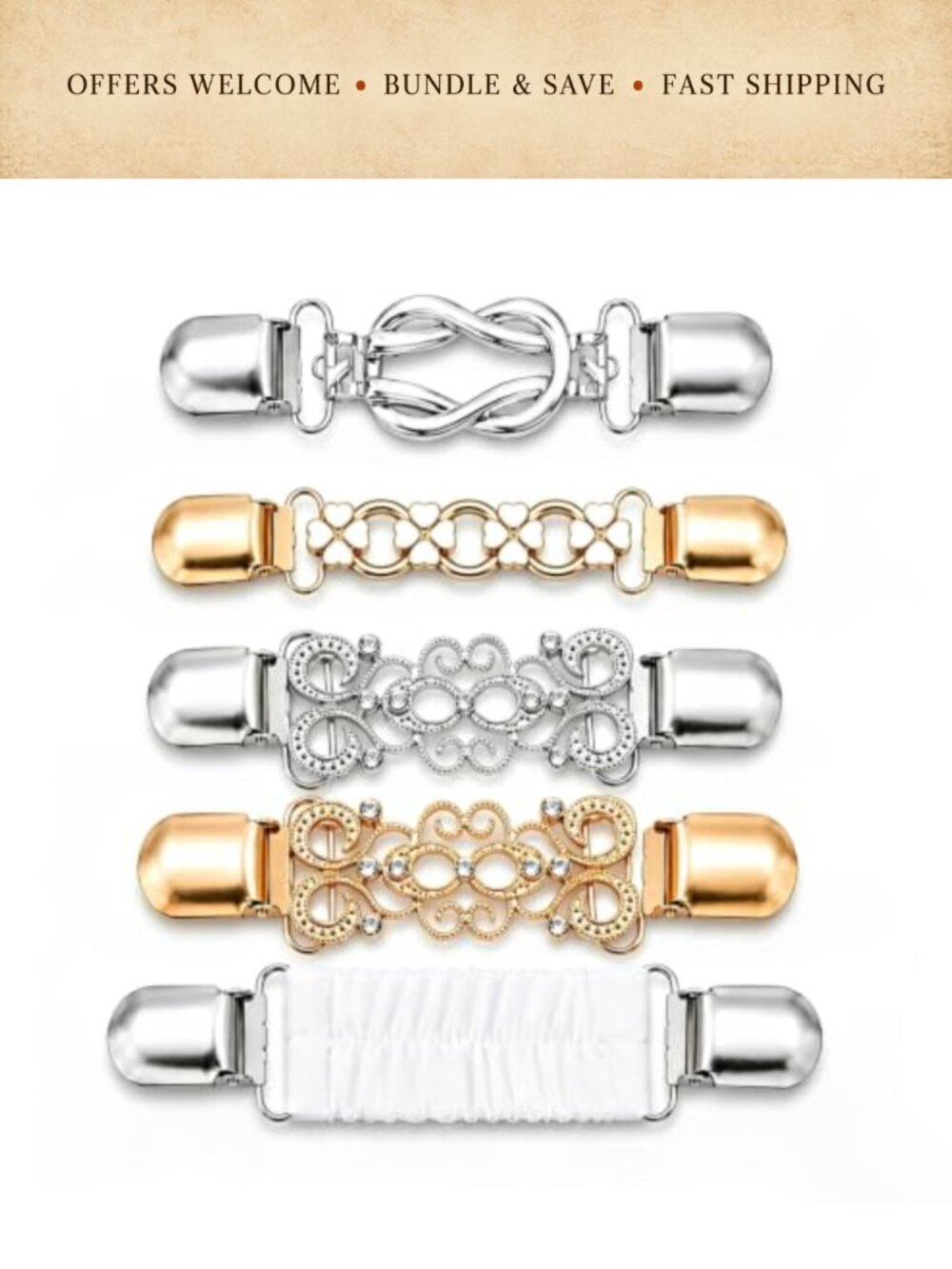 Set of 5 Vintage Sweater Clips Dress Cinch Clips Alloy Rhinestone